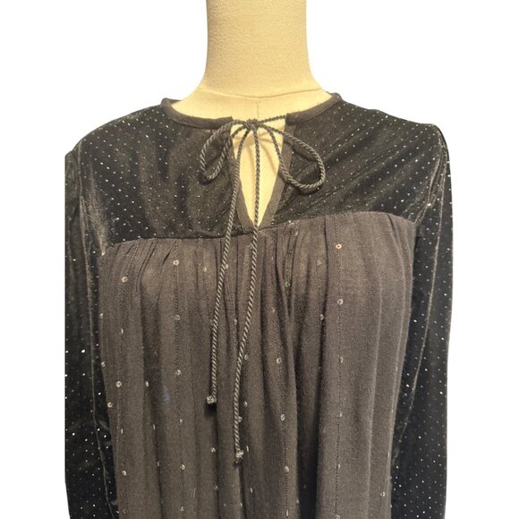 2/$30 Zara Black M Velvet  Sheer Long Sleeve Embellished Blouse Neck Tie - Picture 6 of 13